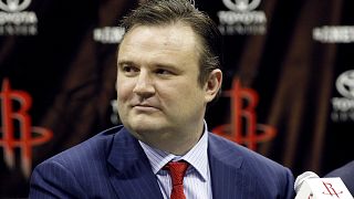 Image: Houston Rockets general manager Daryl Morey at a press conference in