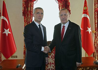 Jens Stoltenberg, left, shakes hands with Turkey\'s President Recep Tayyip Erdogan in Istanbul on Friday.