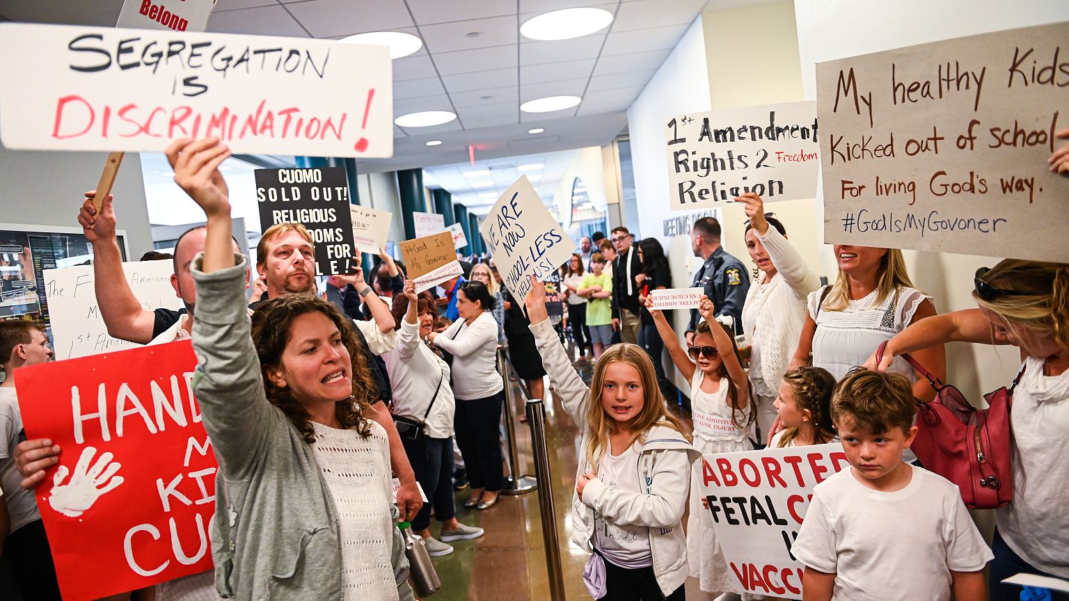 Anti-vaccine protestors outside meeting with New York State Gov. Andrew Cuo