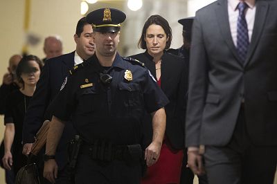Former White House advisor on Russia, Fiona Hill, leaves Capitol Hill after testifying before congressional lawmakers as part of the House impeachment inquiry into President Donald Trump, on Oct. 14, 2019.