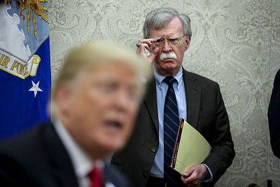 National security adviser John Bolton with President Trump in the Oval Office on Sept. 28, 2018.