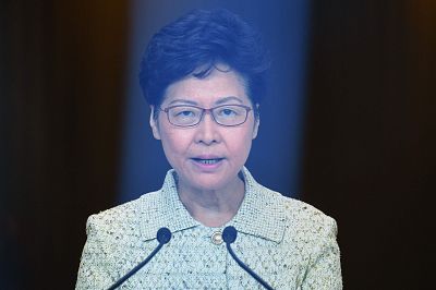 Carrie Lam gives a press conference on Tuesday.