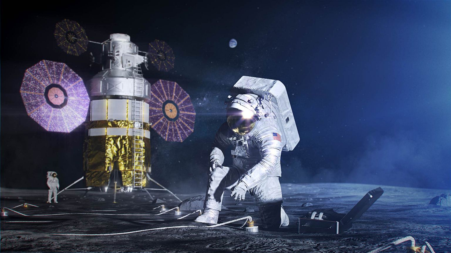 Artist concept of an astronaut in the xEMU space suit setting up a science 