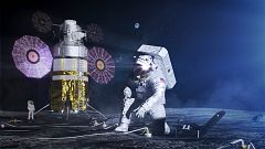 Artist concept of an astronaut in the xEMU space suit setting up a science 