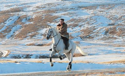 North Korean leader Kim Jong Un riding a white horse amongst the first snow at Mouth Paektu, Oct. 16, 2019.