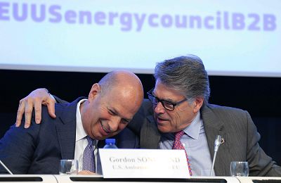 Secretary of Energy Rick Perry, from right, chats with U.S Ambassador to the European Union, Gordon Sondland at the 1st EU-U.S. Energy Council High-Level B2B Forum on LNG at the European Commission in Brussels, Belgium on May 2, 2019.