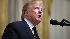 Image: President Donald Trump speaks during a reception for Italian Preside