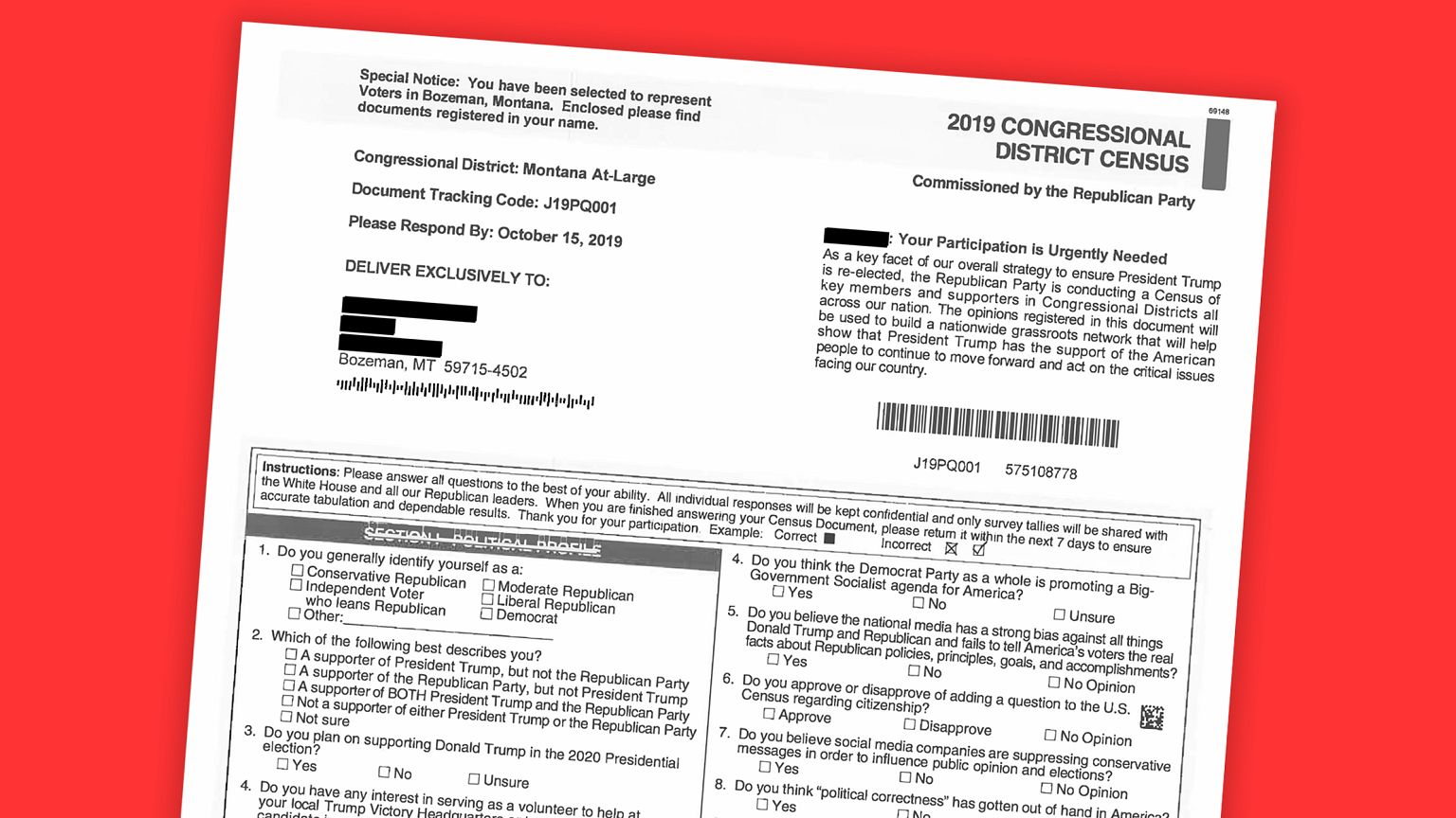 An "imitation census" mailed by the Republican National Committee to addres