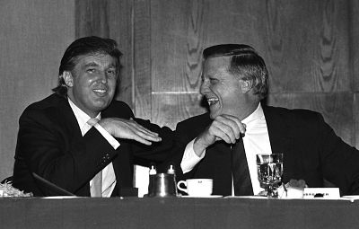 Donald Trump, at the behest of Yankees\' owner George Steinbrenner, speaks at the Boys and Girls Club of Greater Tampa\'s annual Steak \'N\' Burger benefit in Tampa, Fla. on Aug. 19, 1988.