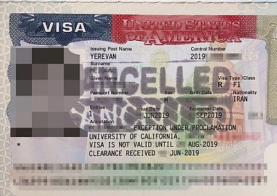 A "cancelled" stamp can  be seen on a U.S. visa provided by an Iranian student.