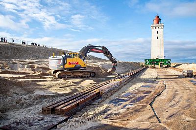 The Rubjerg Knude lighthouse is seen during preparations for its translocation, in Rubjerg, Jutland, Denmark, on Oct. 21, 2019.