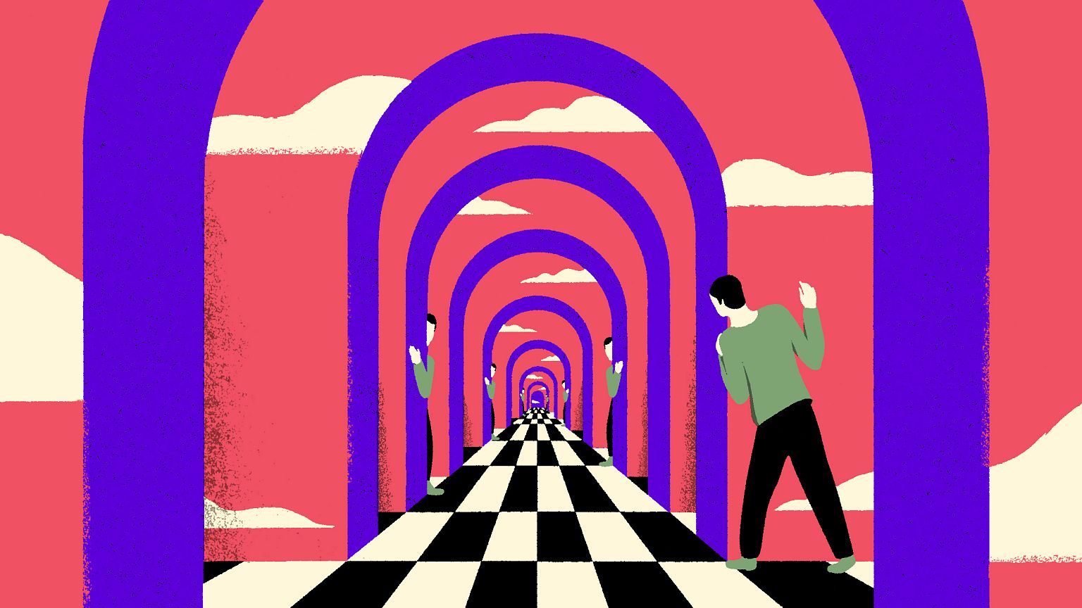 Illustration of figure peaking through portals into other worlds.