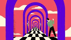 Illustration of figure peaking through portals into other worlds.