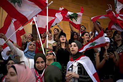 Demonstrators shout slogans during an anti-government protest in downtown Beirut, Lebanon on Oct. 22, 2019.