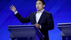 Image: Andrew Yang speaks at the Democratic presidential debate in Houston,