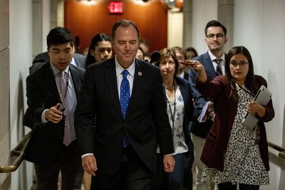 House Intelligence Committee Chairman Rep. Adam Schiff, D-Calif., leaves a secure area where Deputy Assistant Secretary of Defense Laura Cooper is testifying as part of the House impeachment inquiry into President Donald Trump, Wednesday, Oct. 23, 2019, on Capitol Hill in Washington.