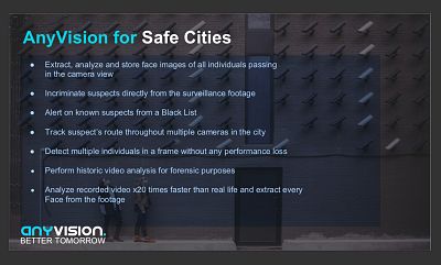A slide taken from a leaked AnyVision sales presentation, explaining how its face recognition technology can track individuals across a city.