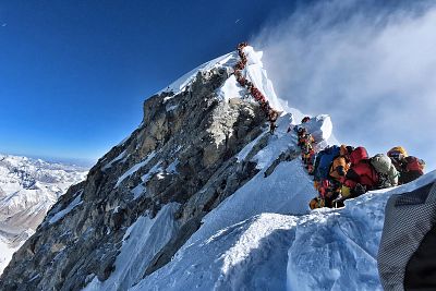 Purja\'s photo showing heavy traffic at the summit of Mount Everest.