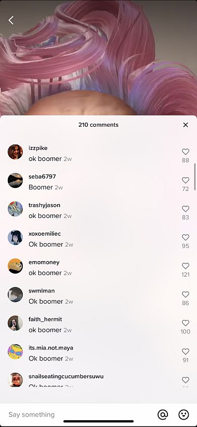 TikTok screengrab of comments showing young people using the phrase "OK boomer."
