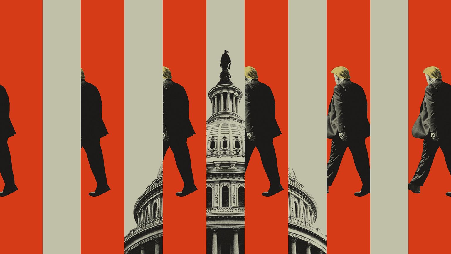 Photo illustration of Donald Trump walking from one side of the frame to th
