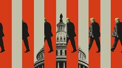 Photo illustration of Donald Trump walking from one side of the frame to th