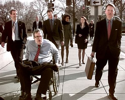White House Counsels Bruce Lindsey, left, and Charles Ruff depart the White House with President Bill Clinton\'s personal attorneys Nicole Seligman and David Kendall, right, on Feb. 12, 1999.