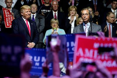 Nigel Farage joins then presidential candidate Donald Trump at a campaign rally in Jackson, Mississippi, in August 2016.