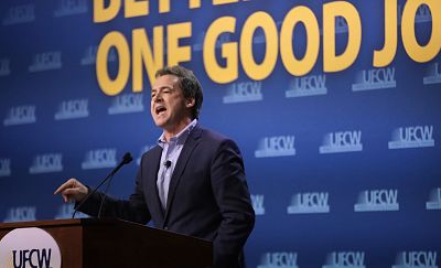 Steve Bullock speaks to guests at the United Food and Commercial Workers\' (UFCW)  2020 presidential candidate forum on Oct. 13, 2019 in Altoona, Iowa.