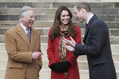 Prince Charles, Prince of Wales, known as the Duke of Rothesay, Catherine, Duchess of Cambridge, known as the Countess of Strathearn, and Prince William, Duke of Cambridge, known as the Earl of Strathearn when in Scotland, during a visit to Dumfries House on March 05, 2013 in Ayrshire, Scotland.