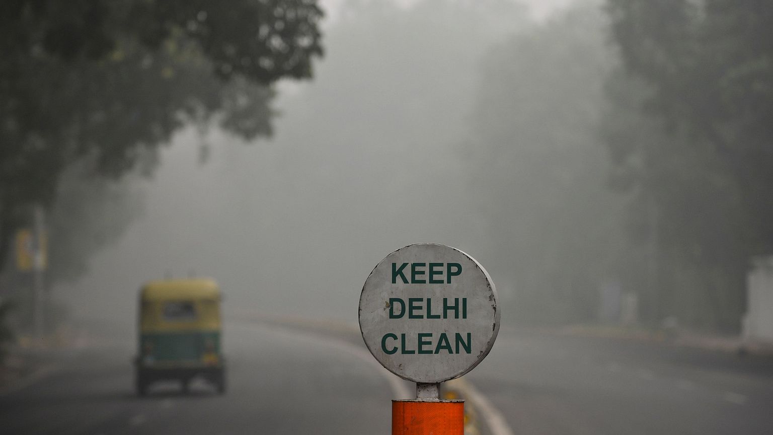 Image: A rickshaw drives along a road under heavy smog conditions in New De