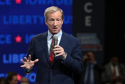 Democratic presidential candidate, philanthropist Tom Steyer speaks at the Liberty and Justice Celebration at the Wells Fargo Arena in Des Moines, Iowa on Nov. 1, 2019.