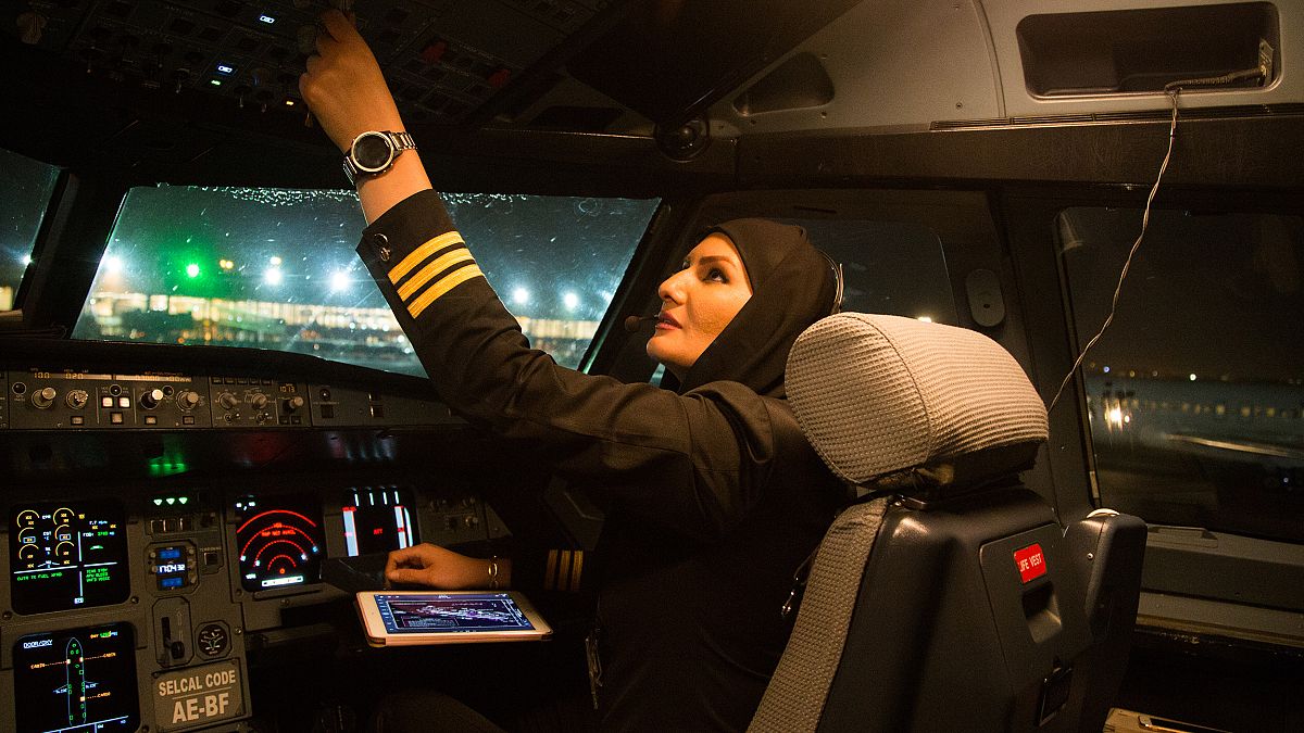 Fahimeh Ahmadi Dastjerdi checks the aircraft's controls after landing at Me