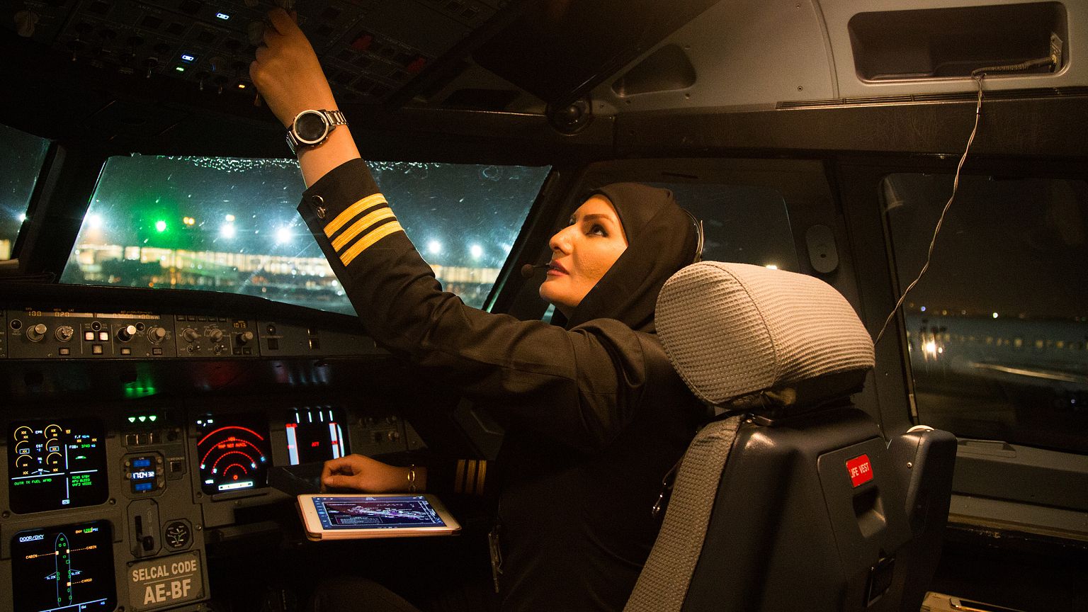 Fahimeh Ahmadi Dastjerdi checks the aircraft's controls after landing at Me
