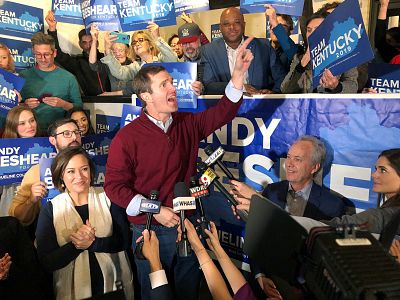 Democrat Andy Beshear speaks to supporters on the last night of the campaign for governor, in Louisville, Ky., on Nov. 4, 2019.