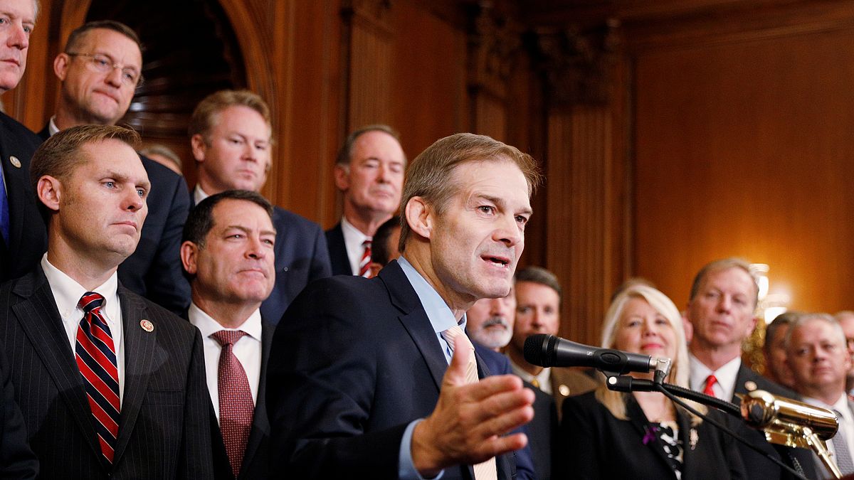 Rep. Jim Jordan (R-OH) delivers remarks during a news conference with membe