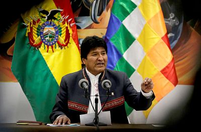 Evo Morales speaks during a news conference at the presidential palace in La Paz, Bolivia, on Oct. 24, 2019.