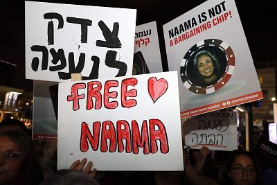 Israelis demonstrate in Tel Aviv in support of Naama Issachar on Oct. 19.