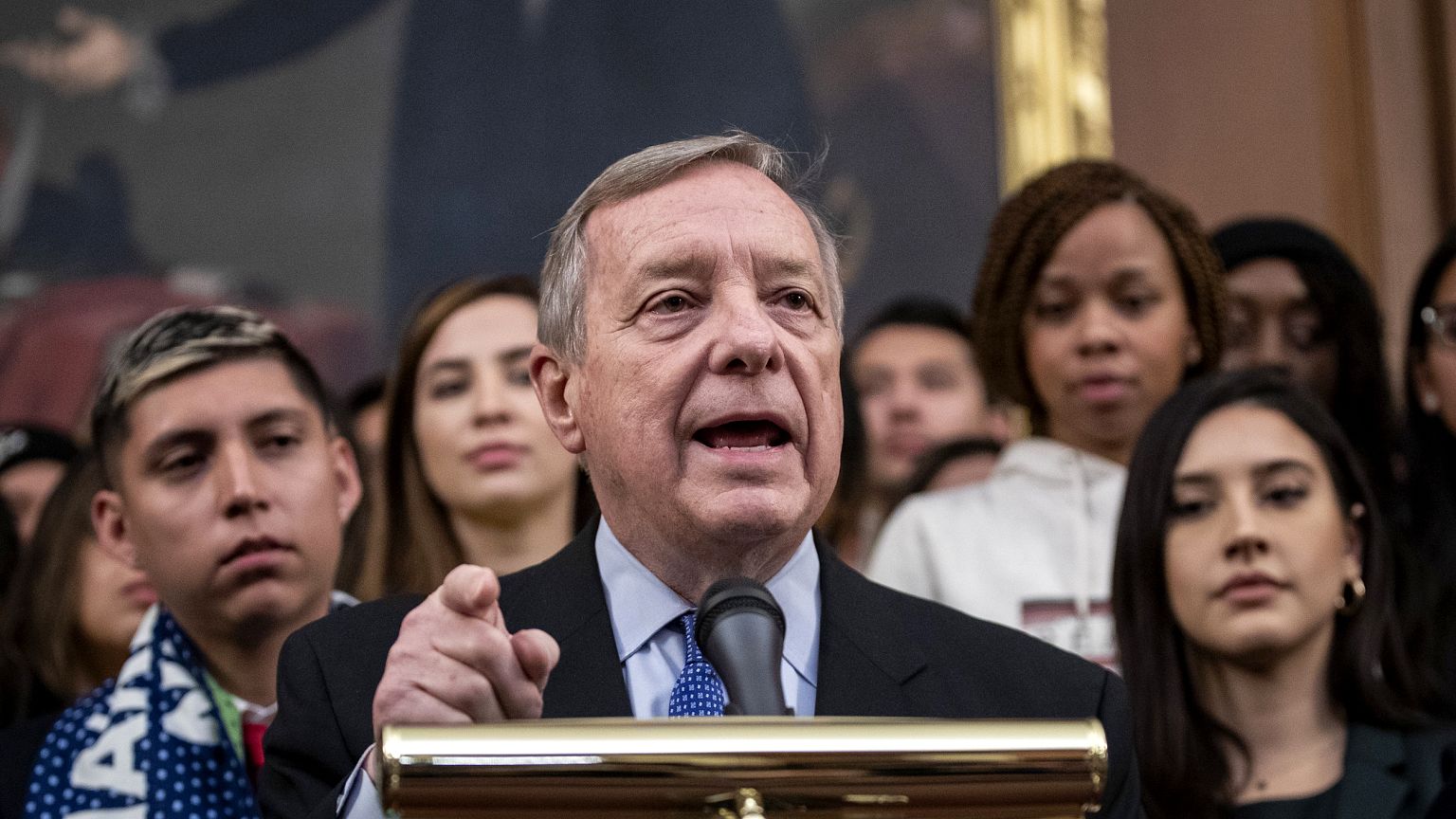 Image: Sen. Dick Durbin, D-IL, speaks at a press conference on Capitol Hill