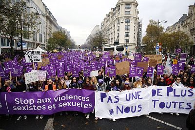 Women hold placards with the names of the women killed by their husband since the beginning of the year, as they march against domestic violence, in Paris, on Nov, 23, 2019.