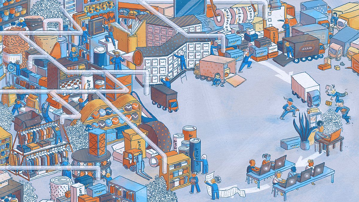 Illustration of a hectic scene of Amazon orders being made, processed, and 