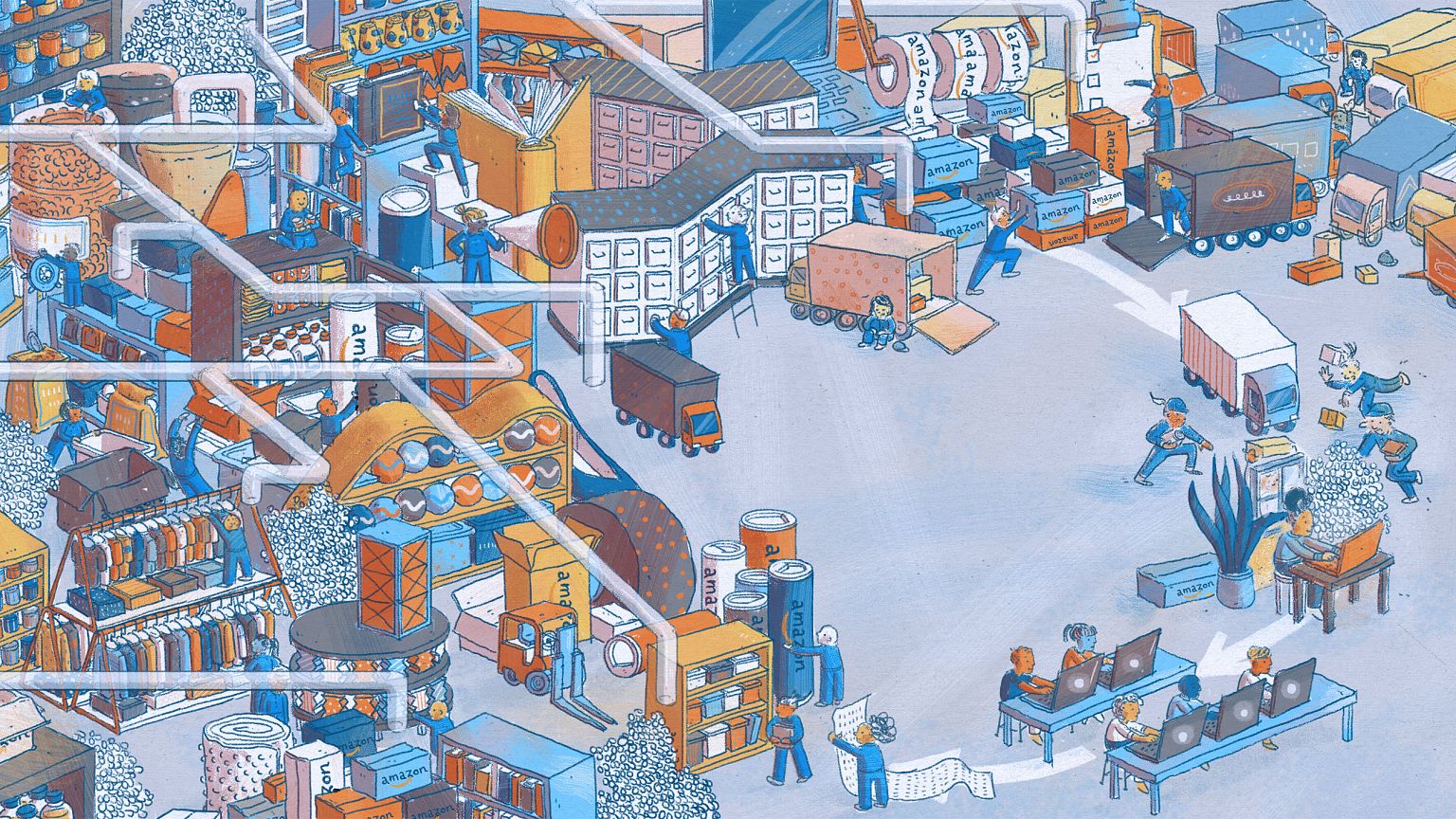 Illustration of a hectic scene of Amazon orders being made, processed, and 