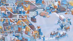 Illustration of a hectic scene of Amazon orders being made, processed, and 