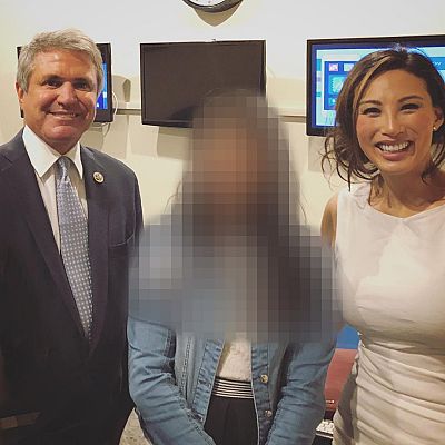 Mina Chang and Rep. Mike McCaul, R-Texas, on June 6, 2018. Photo blurred by NBC News.