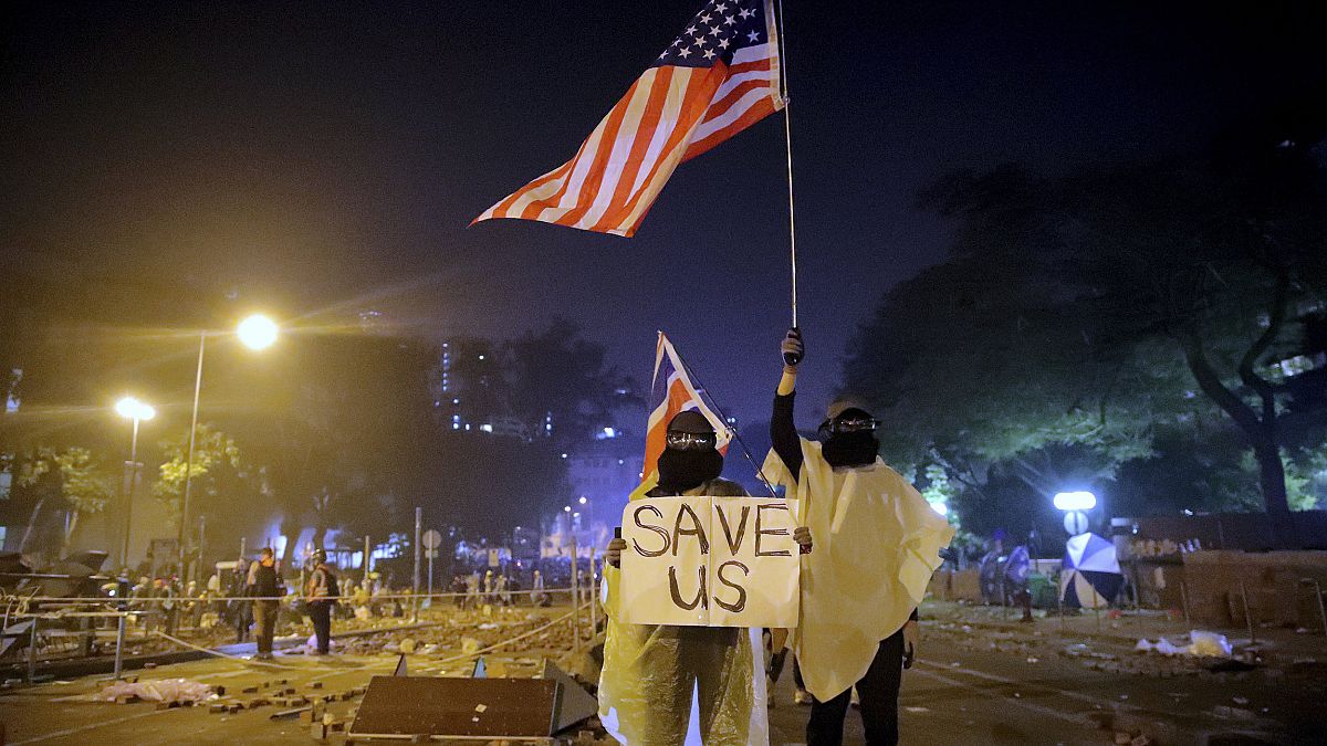 Image: Protesters hold British and American flags and a sign reading "Save 
