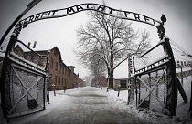 Image: The entrance to the former Nazi concentration camp Auschwitz-Birkena