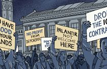 Illustration of students protesting Palantir on a college campus.