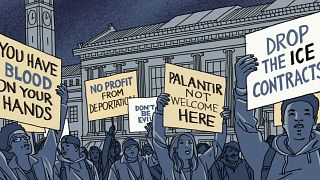 Illustration of students protesting Palantir on a college campus.