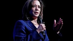 Democratic presidential candidate Kamala Harris speaks at the Bellagio Hote