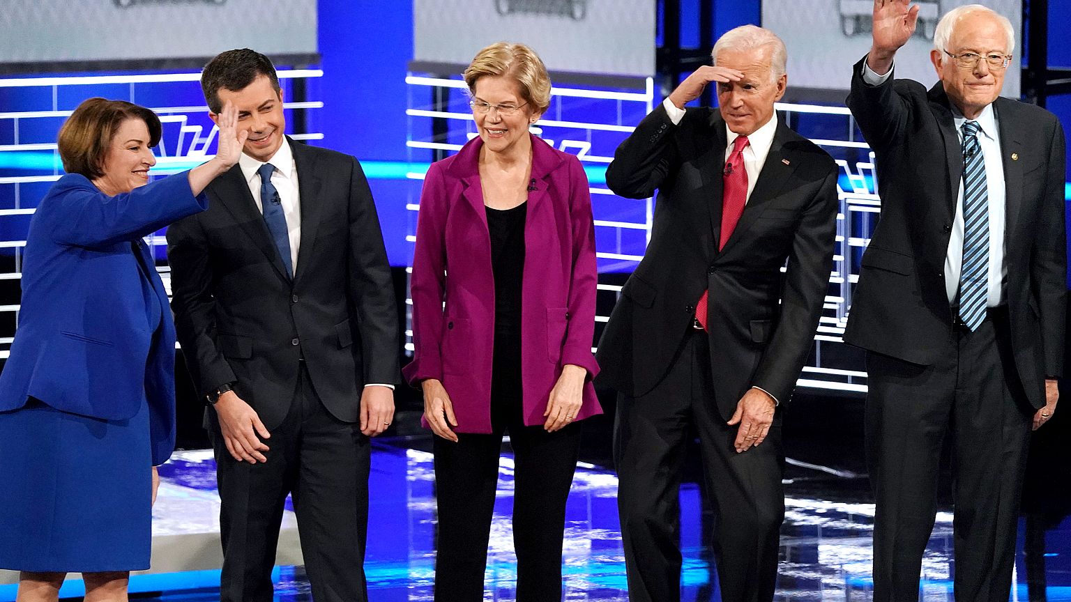 Image: Senator Amy Klobuchar, South Bend Mayor Pete Buttigieg, Senator Eliz