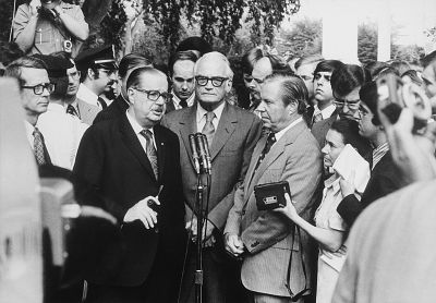 Senators Scott and Goldwater and Representative Rhodes hold an informal press conference following their Aug. 7 1974 meeting with President Nixon to discuss Watergate matters.